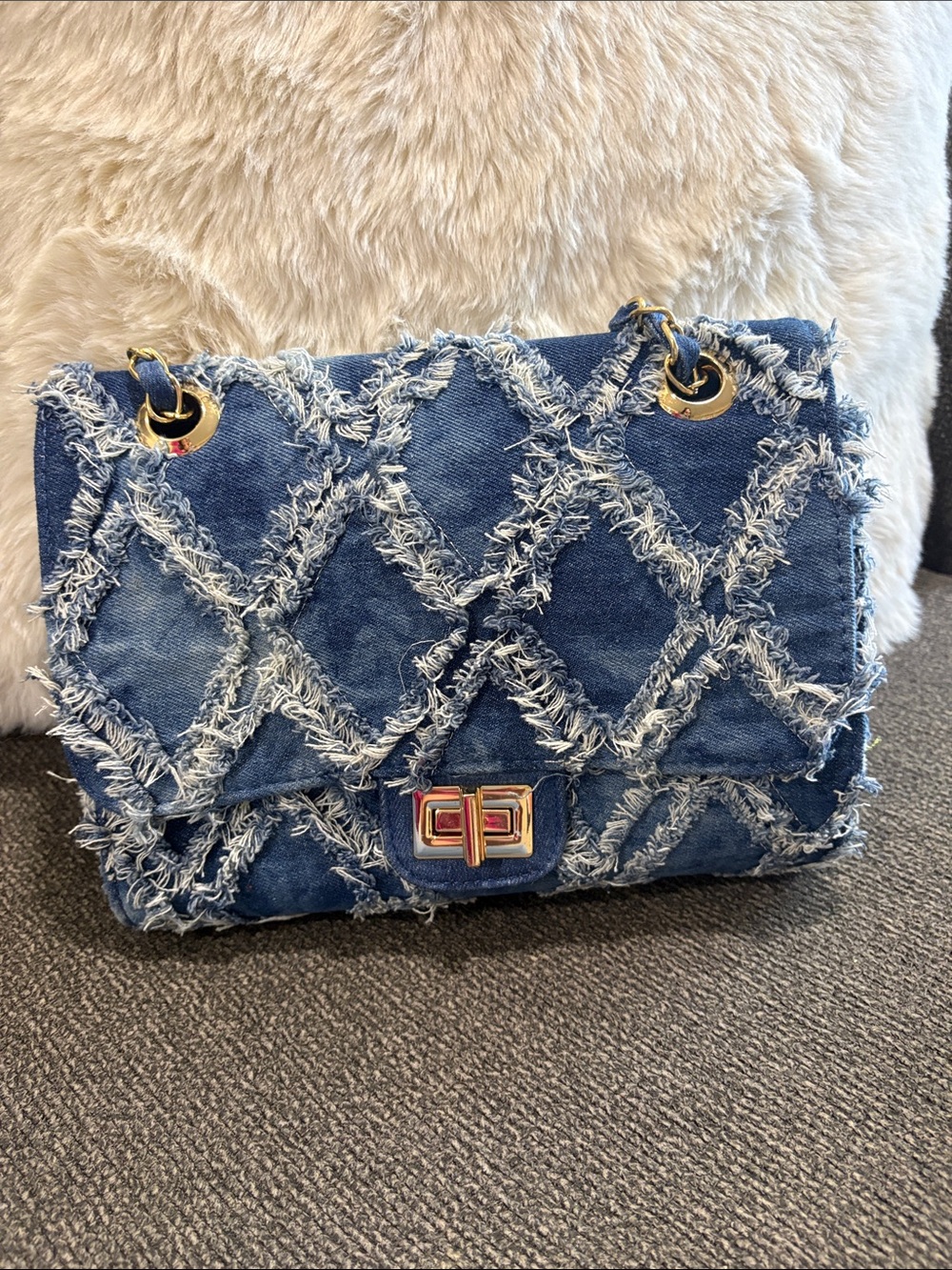 Frayed Quilted Denim Shoulder Bag - Blue